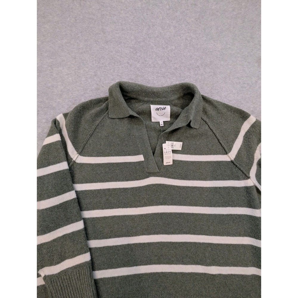 Aerie Sweater unREAL Polo Sweater Women Large Oversized Green Striped